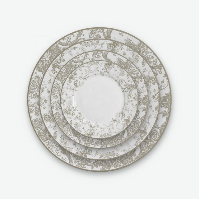 Grey Flower Design Porcelain Plates