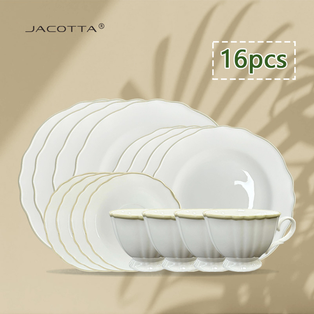 Gold Inlay Luxury Family White Ceramic Dinner Plate Set 16 Pieces